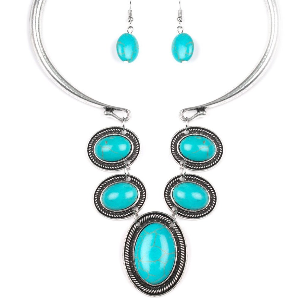 Turquoise Colored Stone Necklace and Earring Set - Picture 1 of 3